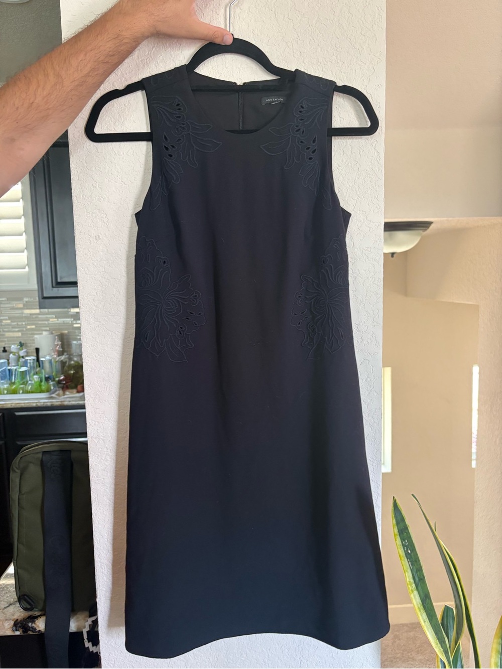 Ann Taylor Black Sleeveless Midi Dress with Floral Cutwork